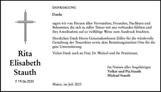 Traueranzeige von Rita Elisabeth Stauth von Allgemeine Zeitung Mainz