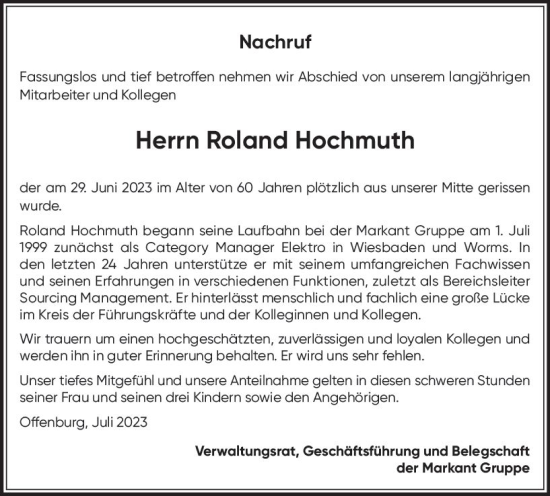 Traueranzeige von Roland Hochmuth von Allgemeine Zeitung Bad Kreuznach