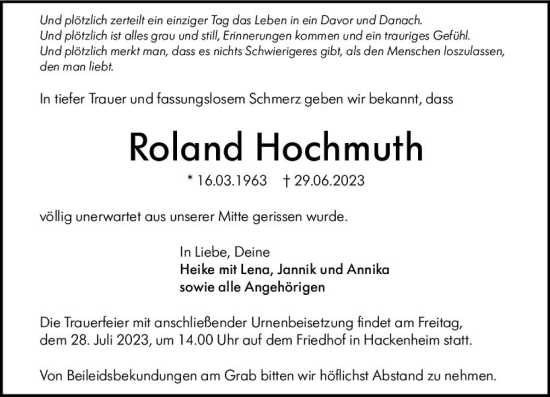 Traueranzeige von Roland Hochmuth von Allgemeine Zeitung Bad Kreuznach