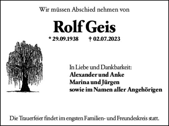 Traueranzeige von Rolf Geis von Wiesbadener Kurier