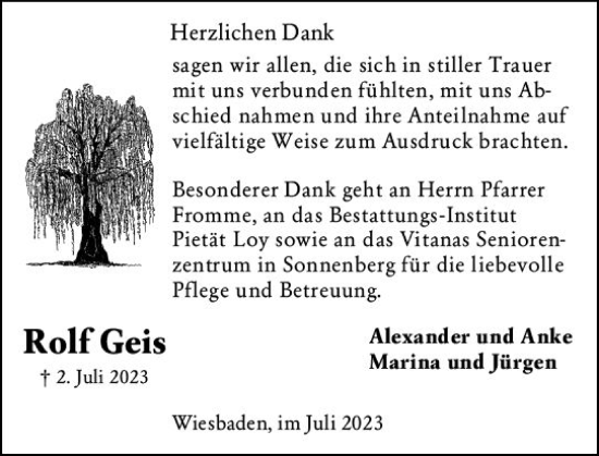 Traueranzeige von Rolf Geis von Wiesbadener Kurier