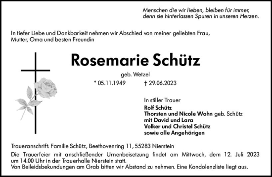 Traueranzeige von Rosemarie Schütz von Allgemeine Zeitung Mainz
