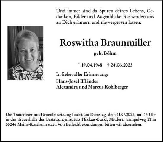 Traueranzeige von Roswitha Braunmiller von Allgemeine Zeitung Mainz