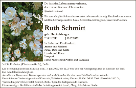 Traueranzeige von Ruth Schmitt von Allgemeine Zeitung Alzey