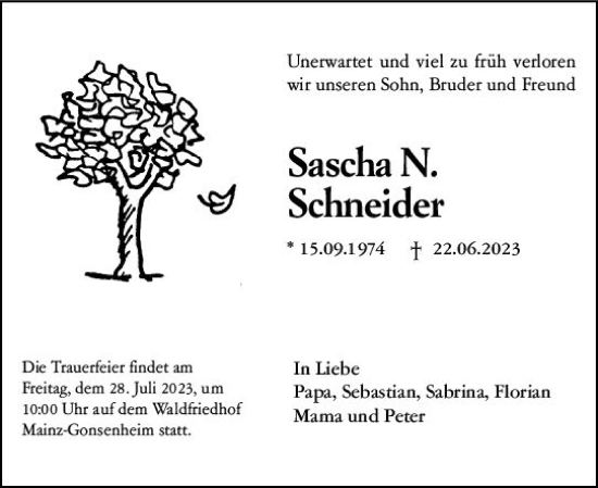 Traueranzeige von Sascha N. Schneider von Allgemeine Zeitung Mainz