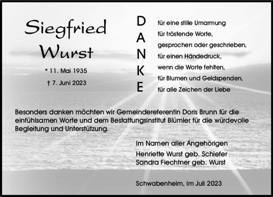 Traueranzeige von Siegfried Wurst von Allgemeine Zeitung Bingen/Ingelheim