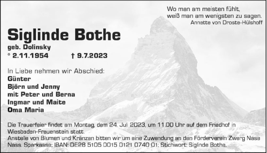 Traueranzeige von Siglinde Bothe von Wiesbadener Kurier