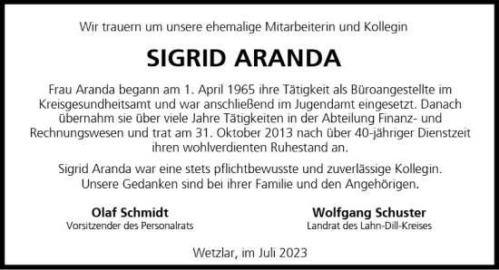 Traueranzeige von Sigrid Aranda von Wetzlarer Neue Zeitung