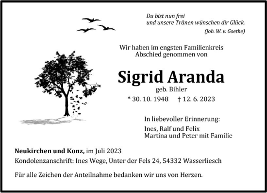 Traueranzeige von Sigrid Aranda von Wetzlarer Neue Zeitung