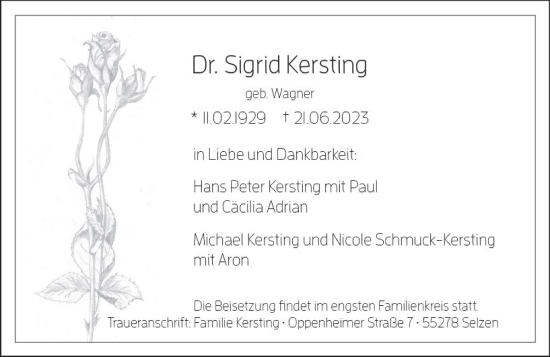 Traueranzeige von Sigrid Kersting von Allgemeine Zeitung Mainz