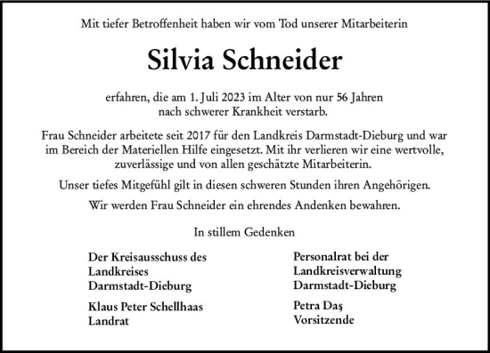 Traueranzeige von Silvia Schneider von Darmstädter Echo