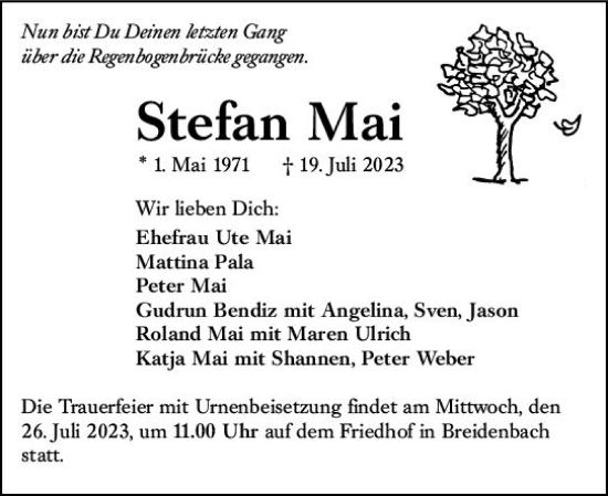 Traueranzeige von Stefan Mai von Hinterländer Anzeiger