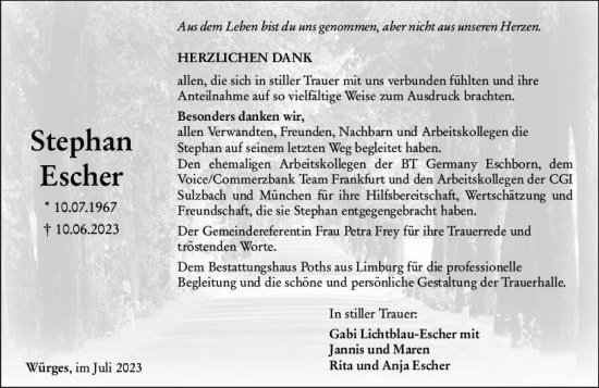 Traueranzeige von Stephan Escher von Camberger Anzeiger