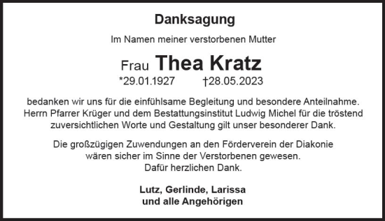 Traueranzeige von Thea Kratz von Idsteiner Land/Untertaunus