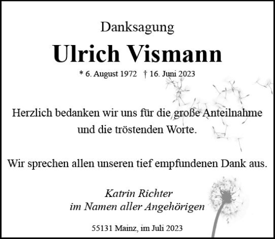 Traueranzeige von Ulrich Vismann von Allgemeine Zeitung Mainz