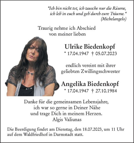 Traueranzeige von Ulrike Biedenkopf von Darmstädter Echo