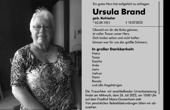 Traueranzeige von Ursula Brand von Allgemeine Zeitung Mainz