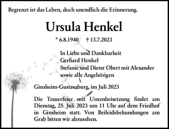 Traueranzeige von Ursula Henkel von Rüsselsheimer Echo