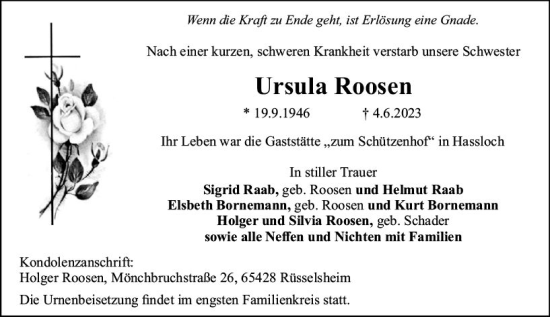 Traueranzeige von Ursula Roosen von Rüsselsheimer Echo