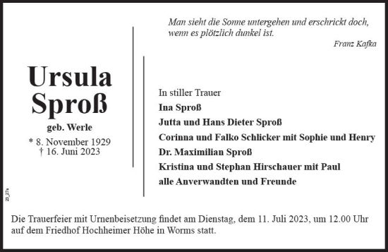 Traueranzeige von Ursula Sproß von Wormser Zeitung