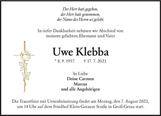 Traueranzeige von Uwe Klebba von Groß-Gerauer Echo