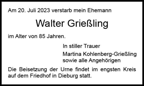 Traueranzeige von Walter Grießling von Dieburger Anzeiger/Groß-Zimmerner Lokal-Anzeiger