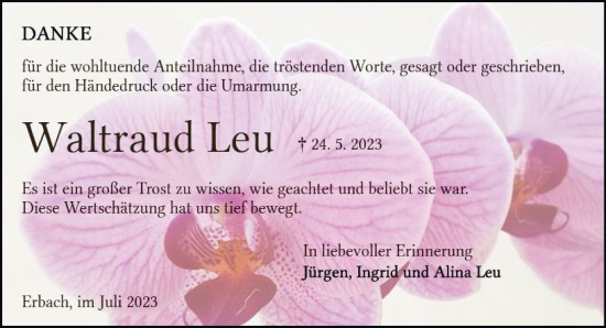 Traueranzeige von Waltraud Leu von Odenwälder Echo