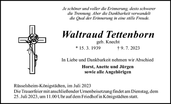 Traueranzeige von Waltraud Tettenborn von Rüsselsheimer Echo