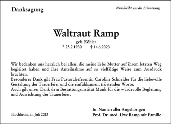 Traueranzeige von Waltraut Ramp von Hochheimer Zeitung