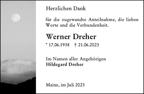 Traueranzeige von Werner Dreher von Allgemeine Zeitung Mainz