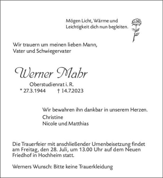Traueranzeige von Werner Mahr von Hochheimer Zeitung