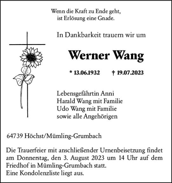 Traueranzeige von Werner Wang von Odenwälder Echo