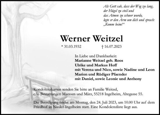 Traueranzeige von Werner Weitzel von Allgemeine Zeitung Bingen/Ingelheim