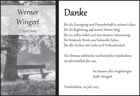 Traueranzeige von Werner Wingert von Allgemeine Zeitung Alzey