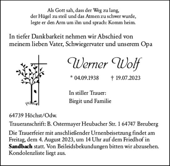 Traueranzeige von Werner Wolf von Odenwälder Echo