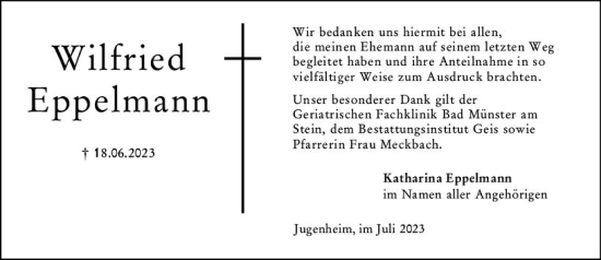 Traueranzeige von Wilfried Eppelmann von Allgemeine Zeitung Mainz
