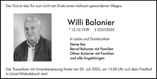 Traueranzeige von Willi Balonier von Odenwälder Echo