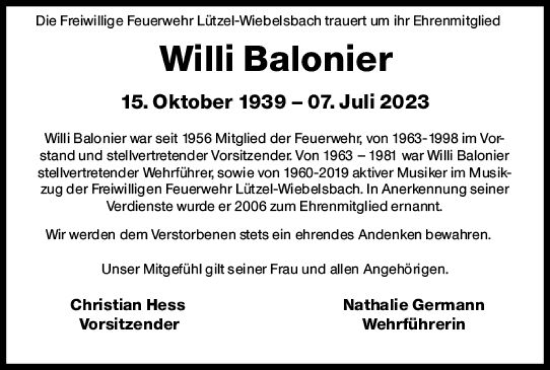 Traueranzeige von Willi Balonier von Odenwälder Echo