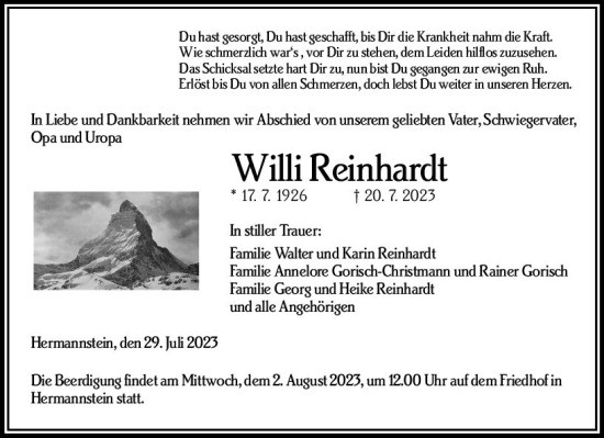 Traueranzeige von Willi Reinhardt von Wetzlarer Neue Zeitung