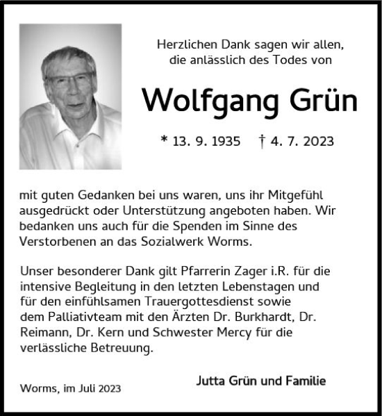 Traueranzeige von Wolfgang Grün von Wormser Zeitung