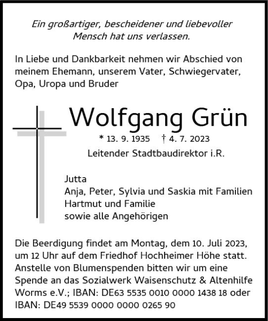 Traueranzeige von Wolfgang Grün von Wormser Zeitung
