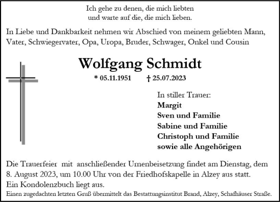 Traueranzeige von Wolfgang Schmidt von Allgemeine Zeitung Alzey