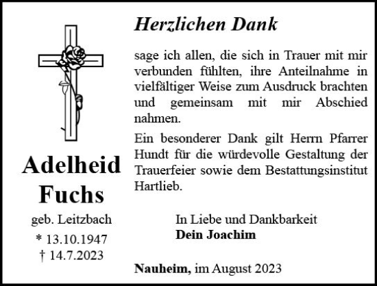 Traueranzeige von Adelheid Fuchs von Camberger Anzeiger