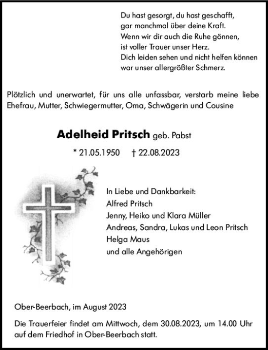 Traueranzeige von Adelheid Pritsch von Darmstädter Echo