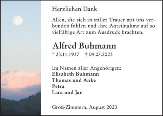 Traueranzeige von Alfred Buhmann von Dieburger Anzeiger/Groß-Zimmerner Lokal-Anzeiger