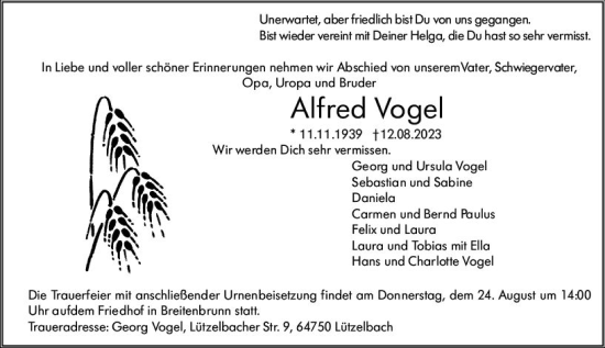 Traueranzeige von Alfred Vogel von Odenwälder Echo