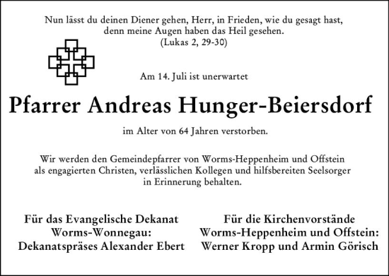 Traueranzeige von Andreas Hunger-Beiersdorf von Wormser Zeitung