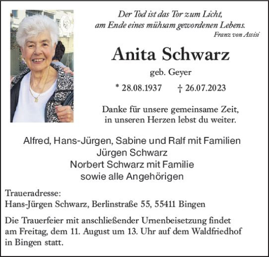 Traueranzeige von Anita Schwarz von Bingen/Ingelheim WOBL inkl. Neue Binger Ztg.