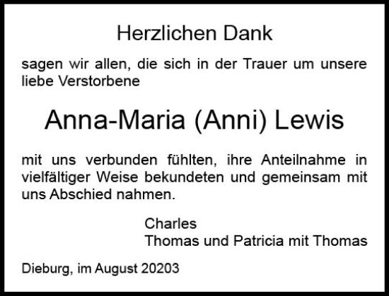 Traueranzeige von Anna-Maria Lewis von Dieburger Anzeiger/Groß-Zimmerner Lokal-Anzeiger