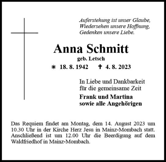 Traueranzeige von Anna Schmitt von Allgemeine Zeitung Mainz